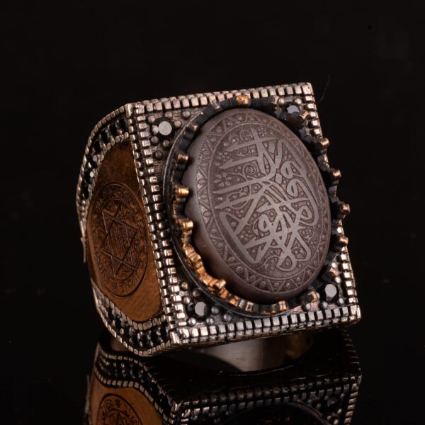 925 Ayar Gümüş Erkek Yüzük, Hematit Taş, Vintage İslami Tasarım, Carved Arabic Calligraphy