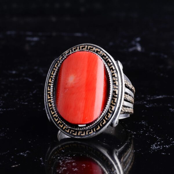 KAMBO Natural Red Coral Gemstone Men Ring - 925 Sterling Silver Ring - Oval Coral Stone Ring - Greek Key Pattern Ring - Handmade Statement Jewelry - 5