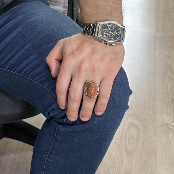 Artificial Taş Yüzük, 925 Ayar Gümüş Erkek Yüzük, Big Yüzük (Kahverengi Sunstone Artificial Taş)