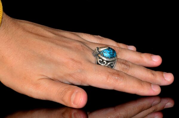 KAMBO Gümüş Erkek Claw Yüzük - Doğal Arizona Turkuaz Değerli Taş, 14 Carat