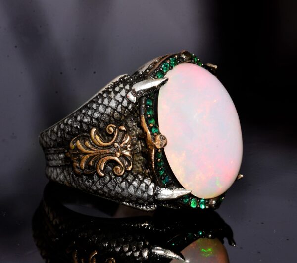 Gerçek Doğal Avustralya Opal Taşlı 10.00 Karat Yüzük - Özel Erkek Yüzüğü - Gümüş Büyük Yüzük