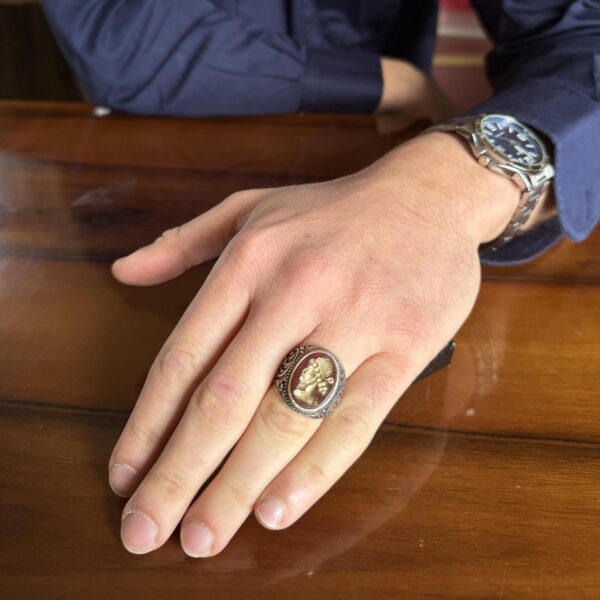 KAMBO Doğal Akik Osmanlı Sultan Cameo Erkek Yüzük 925 Ayar Gümüş Vintage Kırmızı Taş El Oyma Şekil Bildirimi Yüzüğü - 5