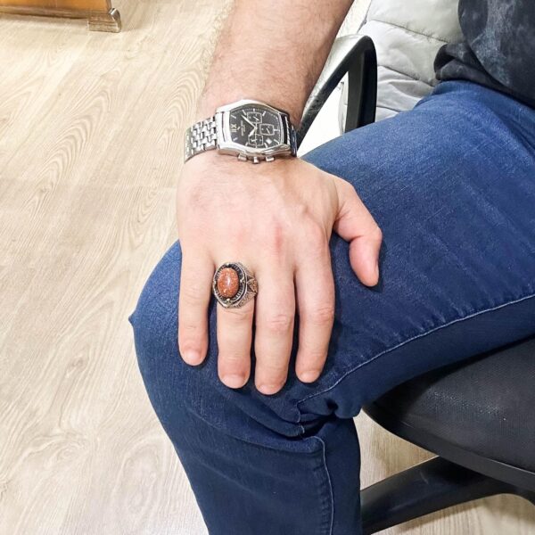 925 Ayar Gümüş Erkek Yüzük, Kahverengi Sunstone Artificial Taş Yüzük, Gümüş Stylish Erkek Yüzük