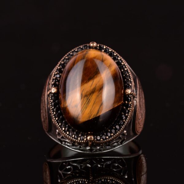 El İşi Doğal Tiger Eye Taş Yüzük - 925 Ayar Gümüş Erkek Takı