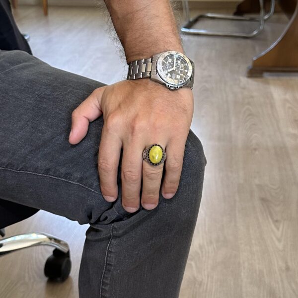 Doğal Amber Taşlı El İşi Şahin Yüzük - 925 Ayar Gümüş