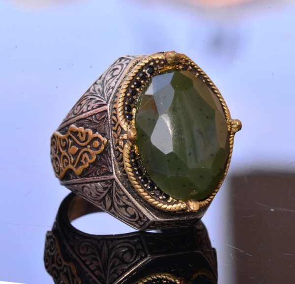 El İşi Vintage Tasarım Zümrüt Yüzük - 925 Ayar Gümüş Erkek Yüzük ile Altın Details (Yeşim)