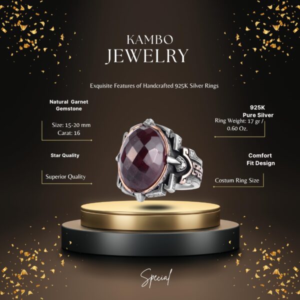 KAMBO Doğal Taş Yüzük 925 Ayar Gümüş – El Yapımı Erkek Bildiri Yüzüğü Şifa Takı (Garnet)