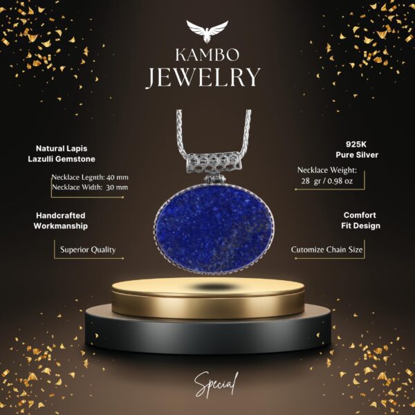 KAMBO Doğal Taşlı Yatay Büyük Erkek Kolye Zincirli 925 Ayar Gümüş – Oval Taşlı Kolye Kolye (Lapis Lazuli) - 3