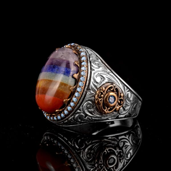 Doğal Gümüş Erkek Yüzük, Rainbow Taş Yüzük, Multi-Color Yüzük, 925 Ayar Gümüş Erkek Yüzük