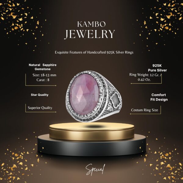 Doğal Safir Taşlı Erkek Yüzük 925 Ayar Gümüş Dişli Çerçeve Siyah Taş Halo El Yapımı Bildiri Yüzüğü (Pembe Safir)