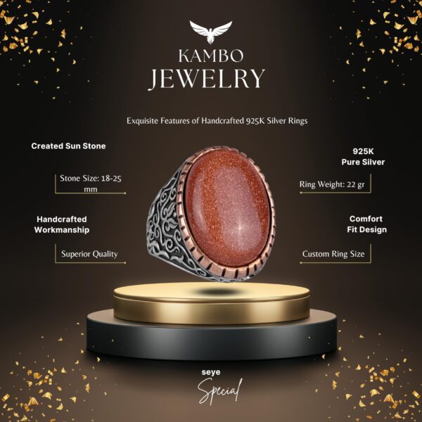 Artificial Taş Yüzük, 925 Ayar Gümüş Erkek Yüzük, Big Yüzük (Kahverengi Sunstone Artificial Taş)
