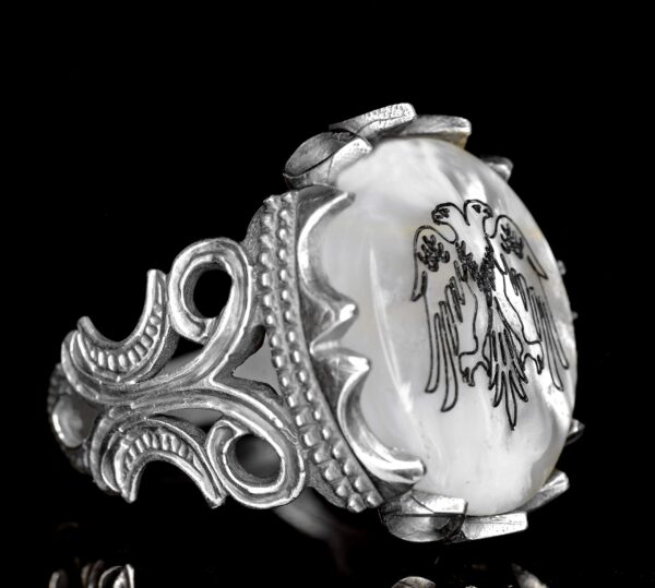 925 Ayar Gümüş Erkek Yüzük - 5.30 Carat Doğal İnci Taş, Double Headed Kartal Tasarım
