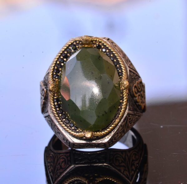 El İşi Vintage Tasarım Zümrüt Yüzük - 925 Ayar Gümüş Erkek Yüzük ile Altın Details (Yeşim)