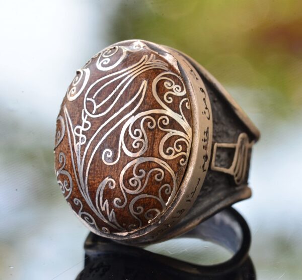 El İşi Walnut Carved Gümüş Taş Embroidered - Gümüş Erkek Yüzük