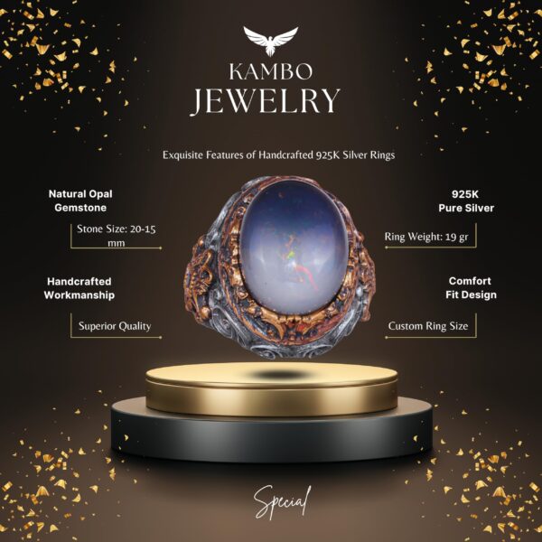 925 Ayar Gümüş Erkek Yüzük - Gerçek Oval Opal Taşlı - Desenli