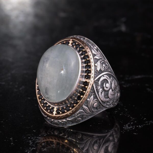 Erkekler için Doğal Taşlı Büyük Yüzük – Oval Taşlı Vintage Bizans Kazınmış Bildiri Yüzüğü-Antik Telkari 925 Ayar Gümüş T