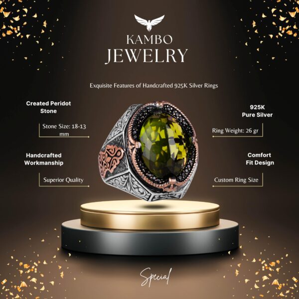 Peridot Taş Yüzük, 925 Ayar Gümüş Yüzük, Stylish El İşi Gümüş Erkek Yüzük
