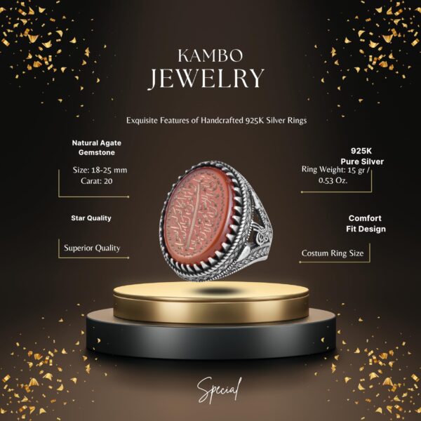 KAMBO Natural Agate Engraved Ottoman Tuğra Style Signet Ring 925 Sterling Silver Big Men Ring Oval Red Stone Handmade Vintage Design (Allah/Muhammed) - 3