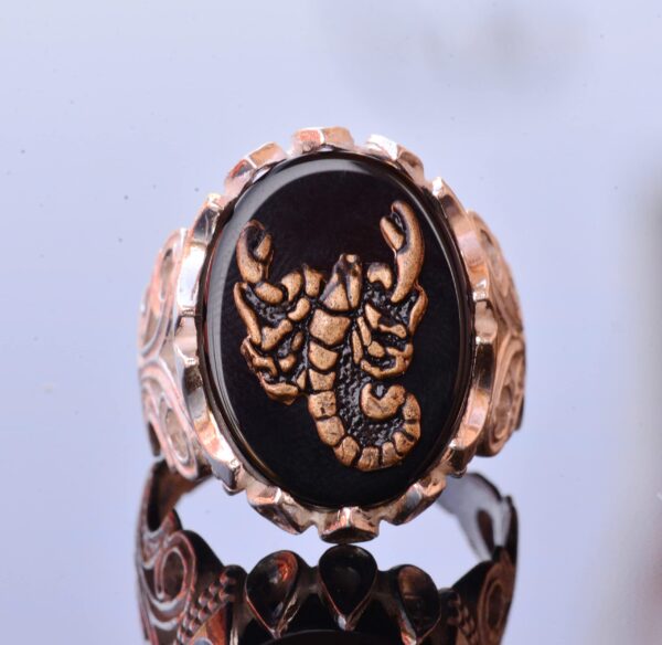 925 Ayar Gümüş Yüzük - Doğal Obsidan Taş Yüzük - Yüzük (Scorpio)