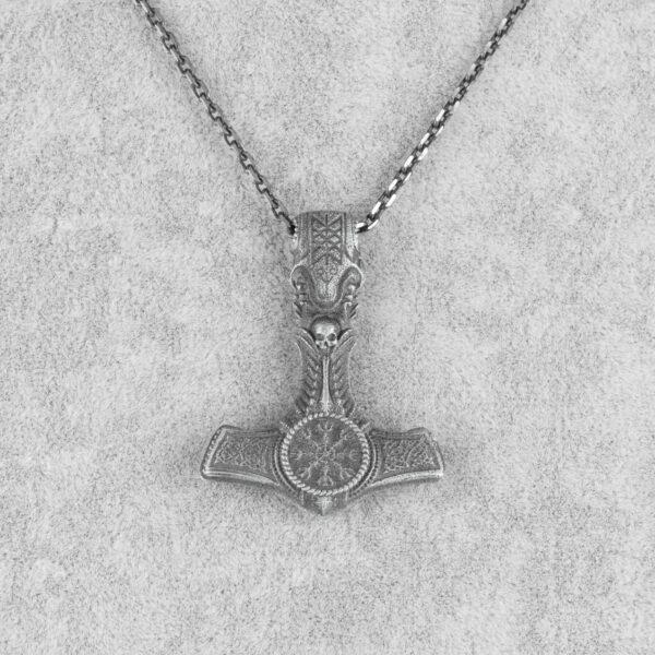 KAMBO 925 Sterling Silver Viking Thor’s Hammer Necklace – Vegvisir Compass Symbol, Nordic Runes & Skull Detail – Handmade Norse Mythology Pendant for Men - 5