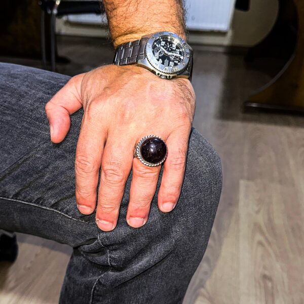 925 Ayar Gümüş Erkek Yüzük Doğal Yıldız Granat Taş - Rare Unprocessed Granat Kabason