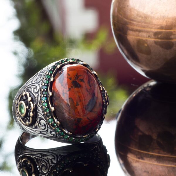 El İşi Gümüş Erkek Yüzük - Doğal Bloodstone Taşı