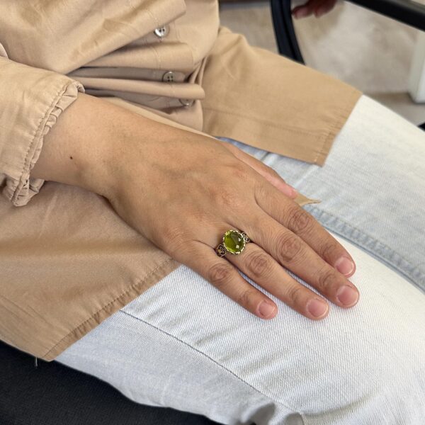 925 Ayar Gümüş Kadın Yüzük, Altın Kaplama ile Doğal Peridot Taş, El İşi Vintage Tasarım (Non-Doğal Peridot)